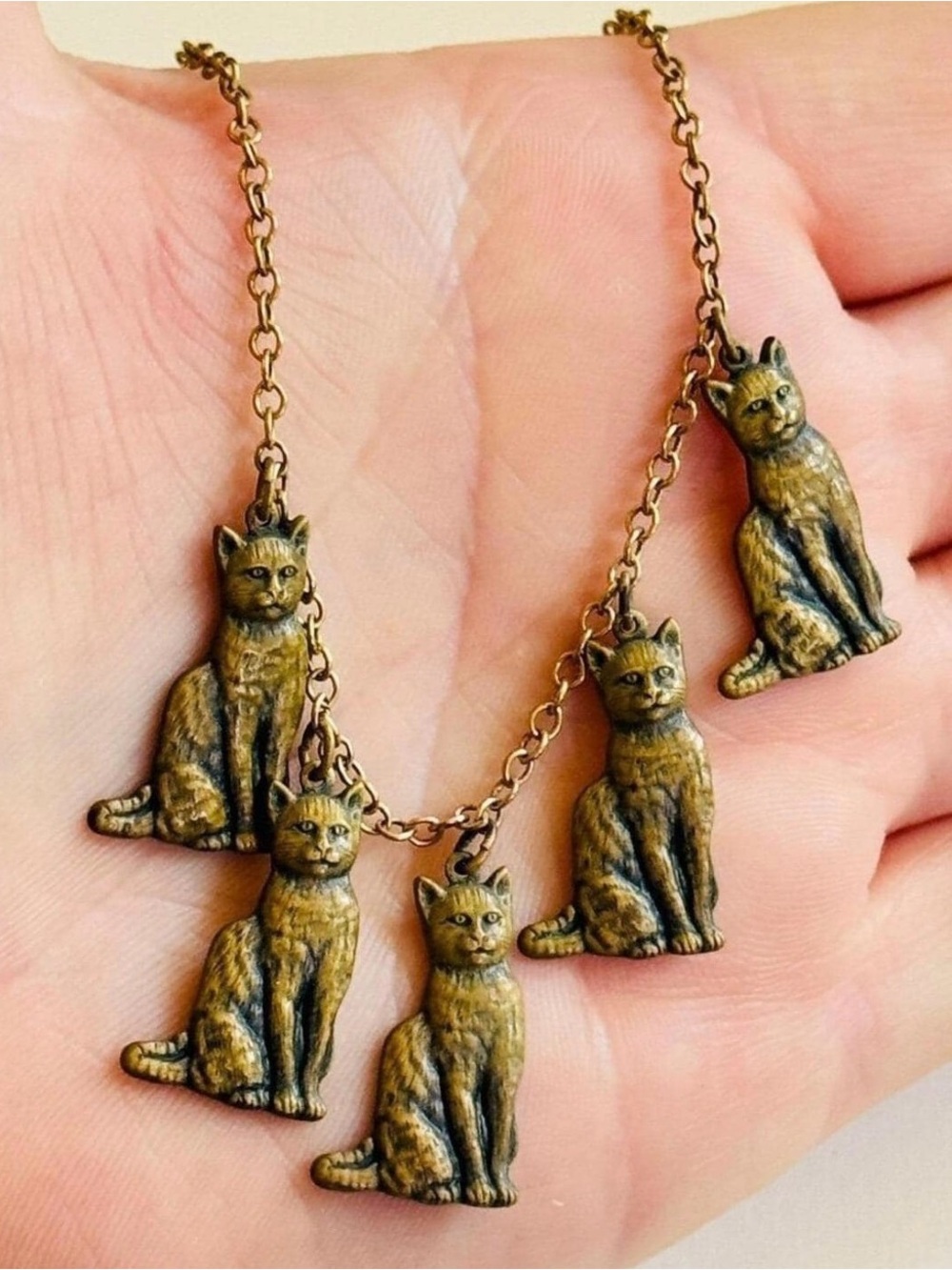 Vintage Pididdly Links Gold Tone Cat Charm Necklace Retro Kitty Jewelry